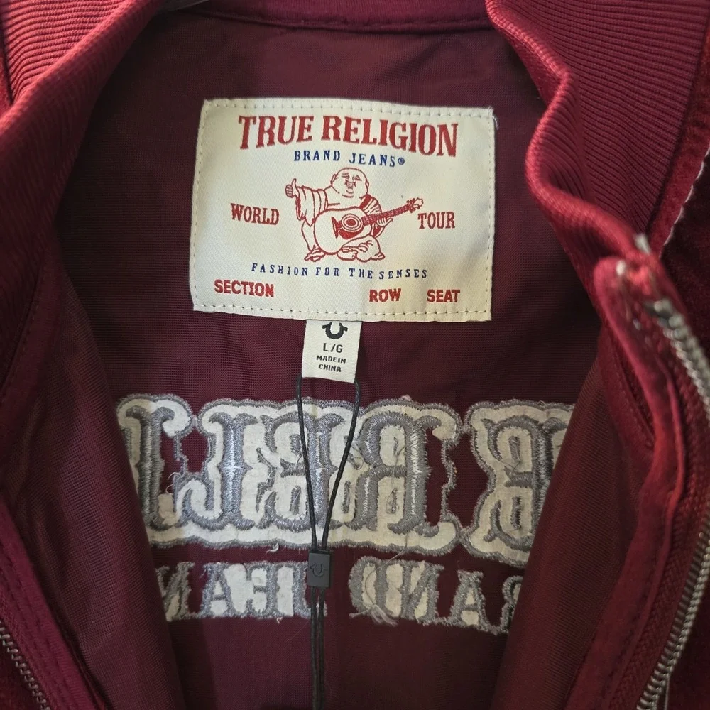 True Religion Jacket Men's S Burgundy Velvet Big T Mock Zip Up Broadway Gunmetal